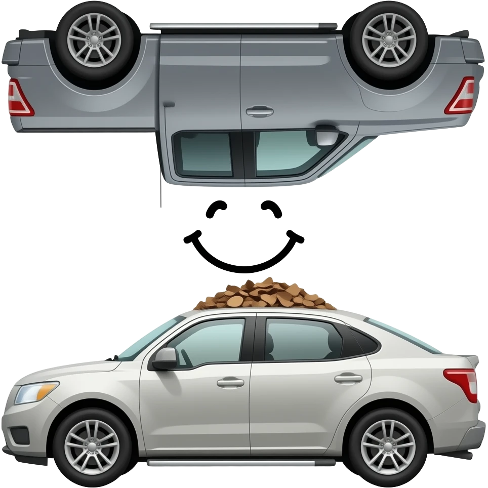 Put this emoji between to cars Gray F150 with full of bark chips in the back upside down in between two other cars emoji