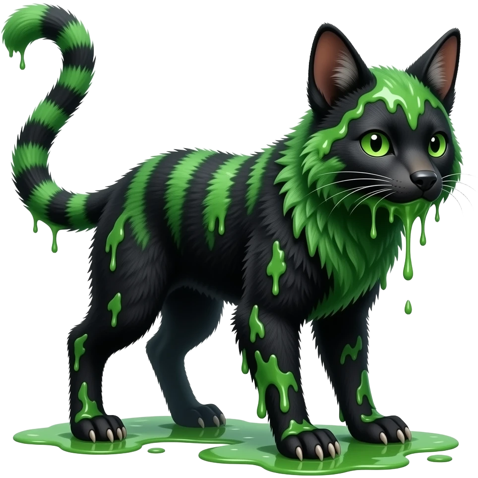 Hyper-realistic forest-hunger-green-emerald-green-onyx-black-gradient velvet fur soaked in slime, striped tail, striped back, tufted ears, tufted legs emoji