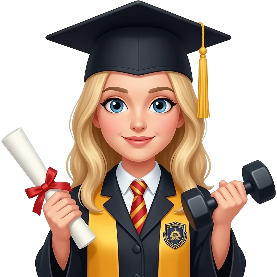 create me an emoji-style png of a white girl student with blond hair wearing a classic black graduation cap major, in a style of "exercise science" major emoji