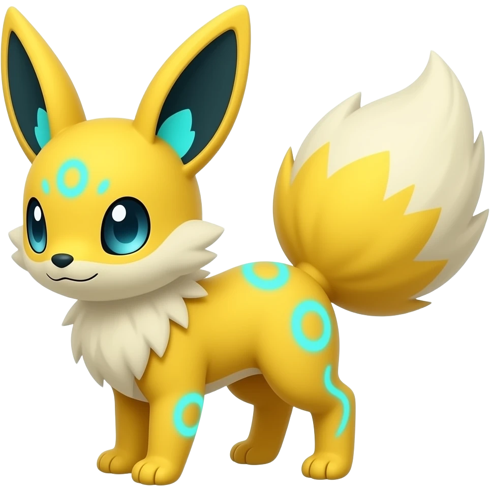 Yellow Fennekin-Manectric-Vaporeon-Fakémon-hybrid with glowing neon cyan markings emoji
