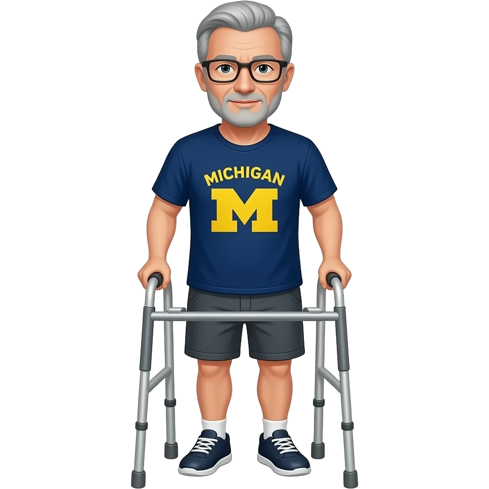 a man with a walker. He has salt and pepper grey hair, rectangle glasses, and hes wearing shorts and a tshirt with michigan on it emoji