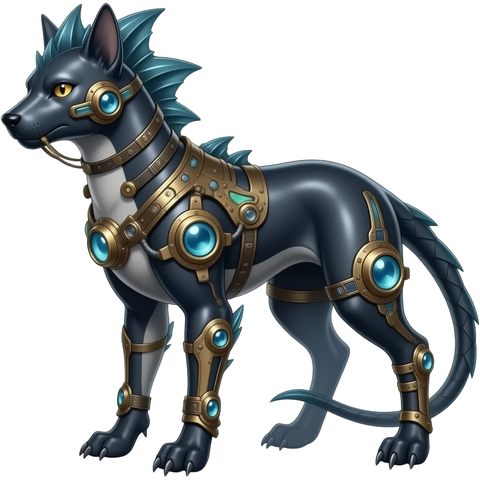 Quadrupedal digitigrade shiny glossy smooth finned frilled gothic tall slim unique epic legendary shiny edgy cool steampunk-cyberpunk-solarpunk-fantasy-Absol-Sprigatito-Vaporeon-Furret-Manectric-Mudkip-Fakémon-hybrid emoji