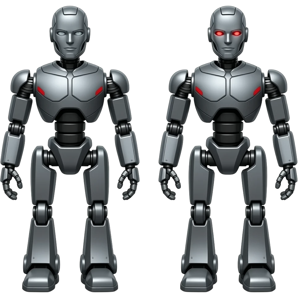 2 mechanical twins made of dark grey metal with black and red markings. emoji