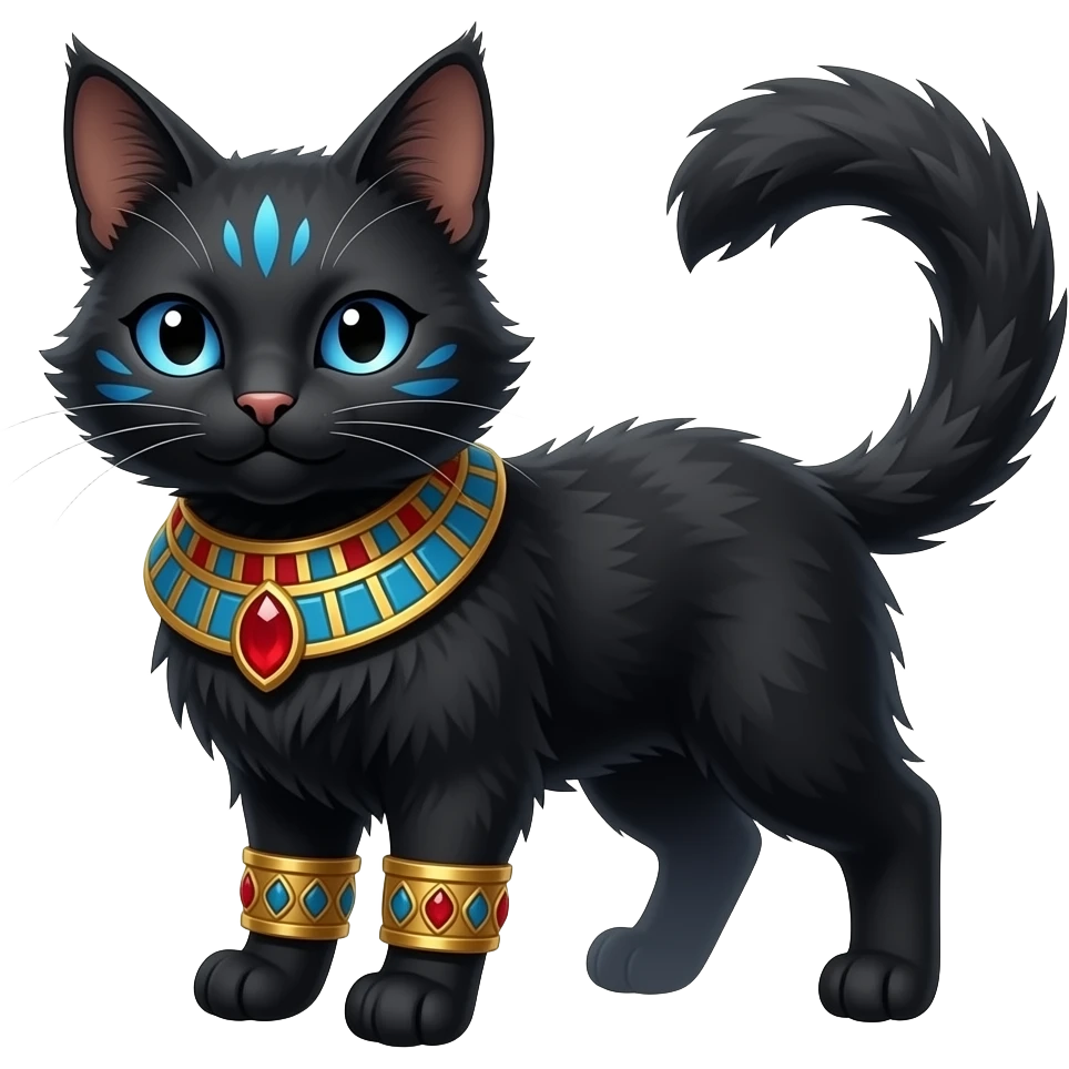 Realistic furry fuzzy Black godly overpowered ethereal majestic oriental ancient Lykoi-Caracal-Cat-Fakemon. With gold bangles, red rubies, Egyptian blue eye corner markings emoji