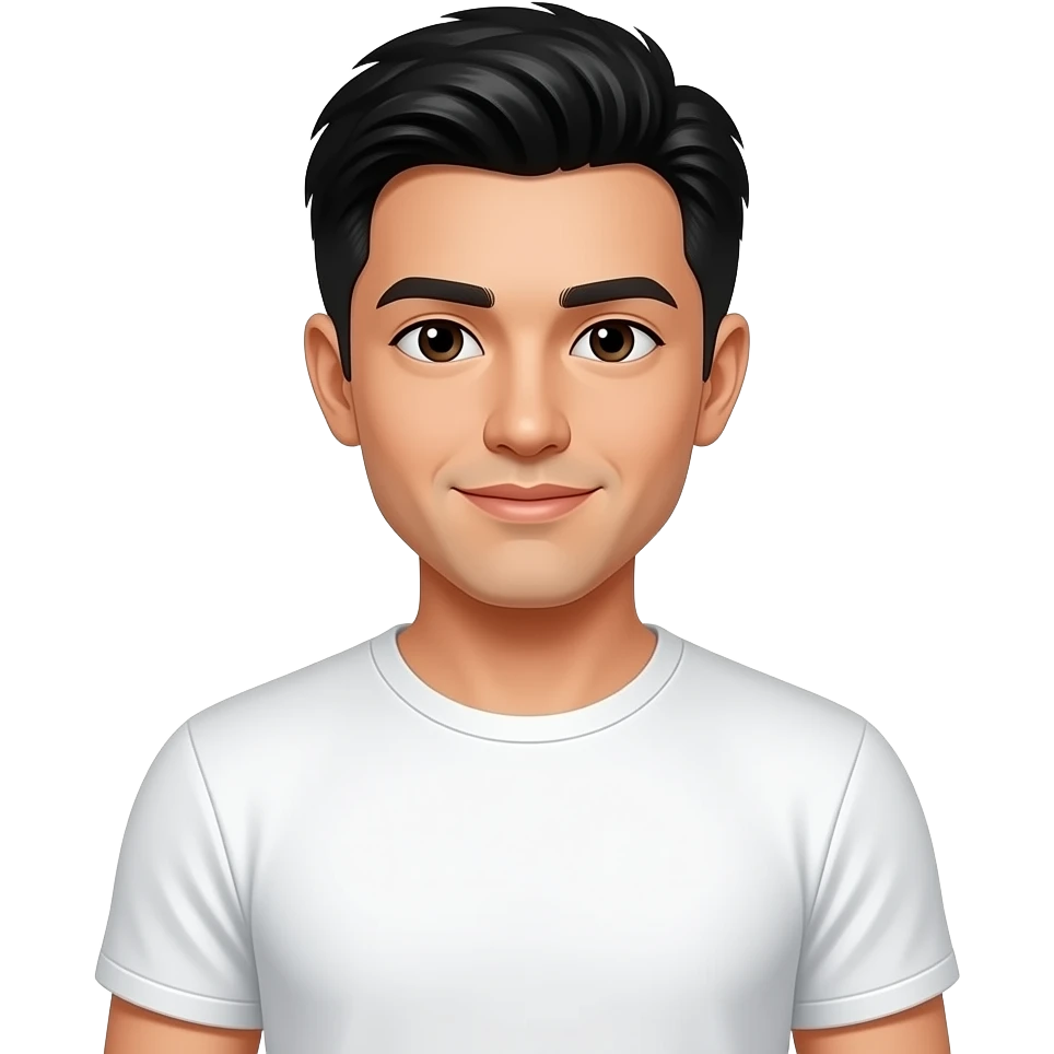 یک مرد سفید پوست با موهای مشکی و تیشرت آستین کوتاه سفید emoji