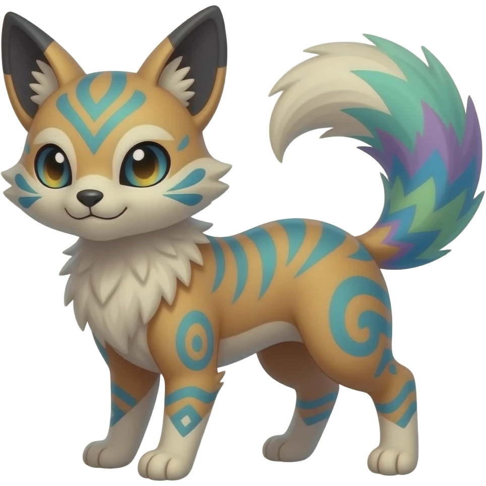 Colorful unique fantasy original shiny smooth soft flurry edgy cool Civet-Sprigatito-Fennekin-Furret-Vaporeon-Fakémon-hybrid with tribal markings emoji