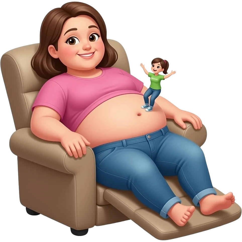 A female giant rests on a recliner sofa,with friendly gentle manner she hangs out her overfed rotund exposed belly,so the tiny volunteer admirers can use the girl’s vulnerable belly to bounce on,The female giant giggles because her bellybutton is ticklish. emoji