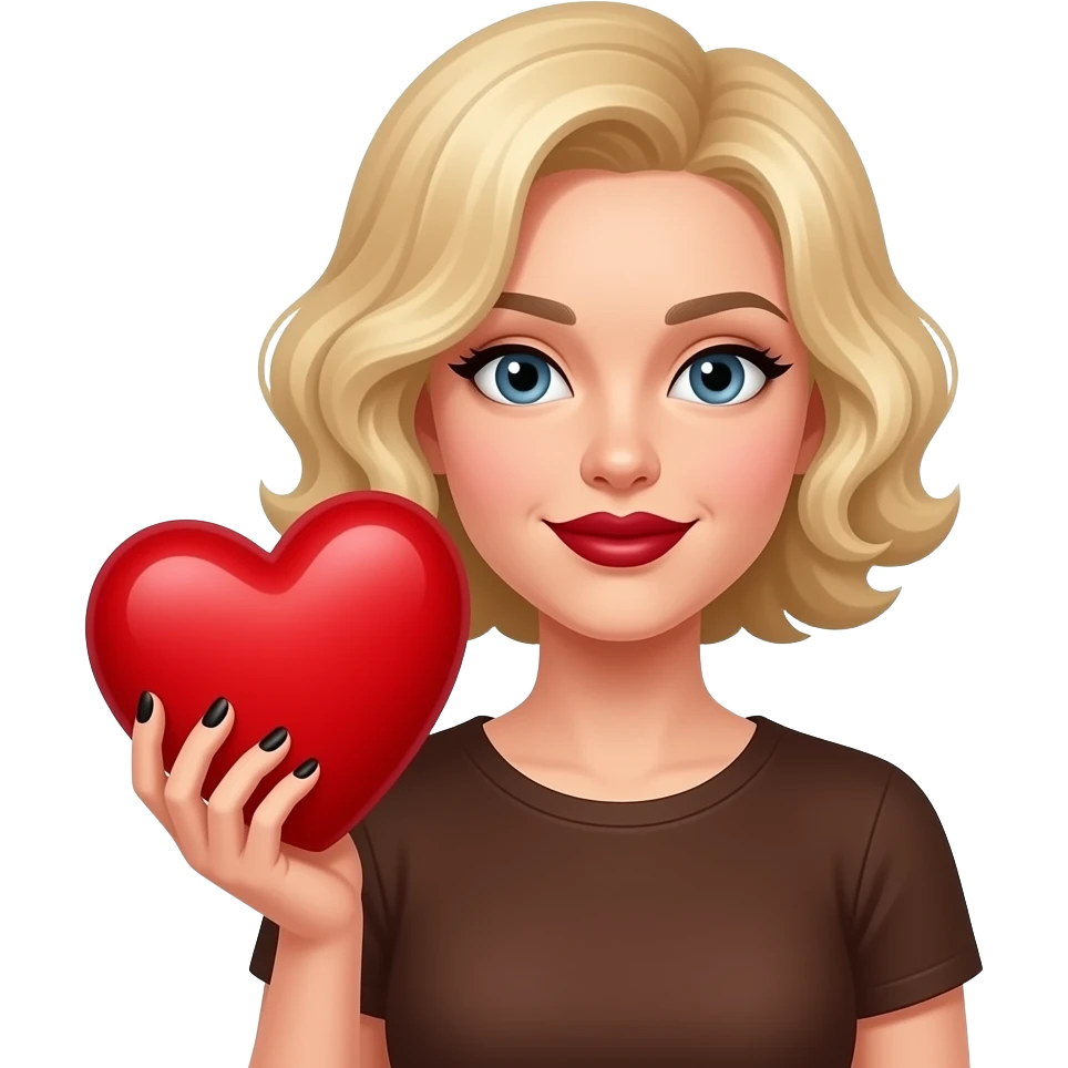 Short blond hair in curls sed swept holding a big red heart in with black nail polish and dark red lipstick, in a brown t shirt emoji