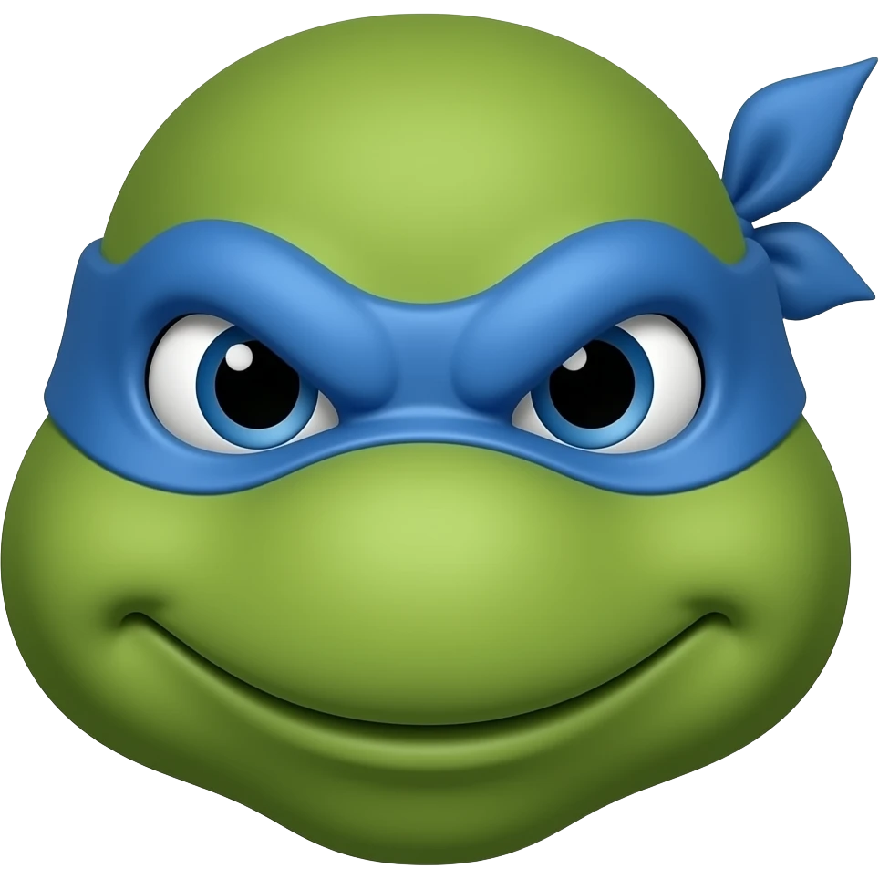 Donatello Ninja Turtle head wearing blue mask with knot on one side with tails, serious face emoji