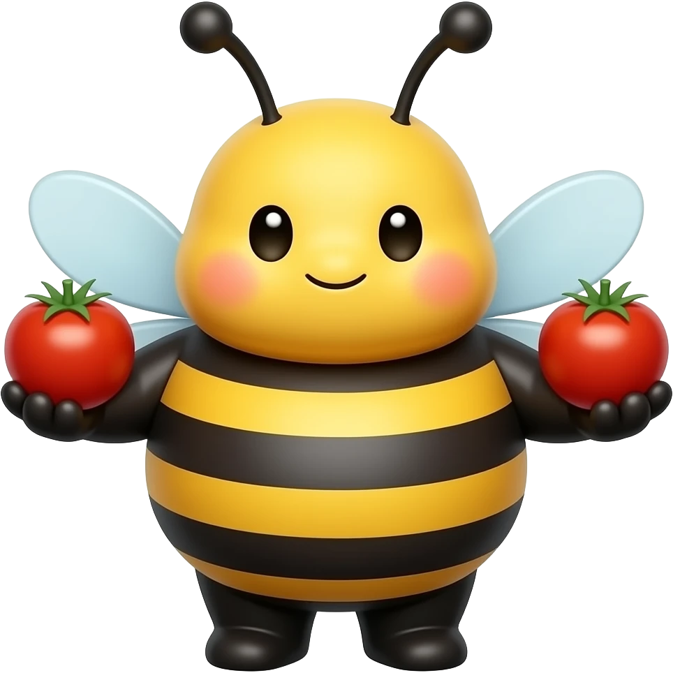 A cute, chubby bumblebee character holding a cherry tomato in each hand emoji