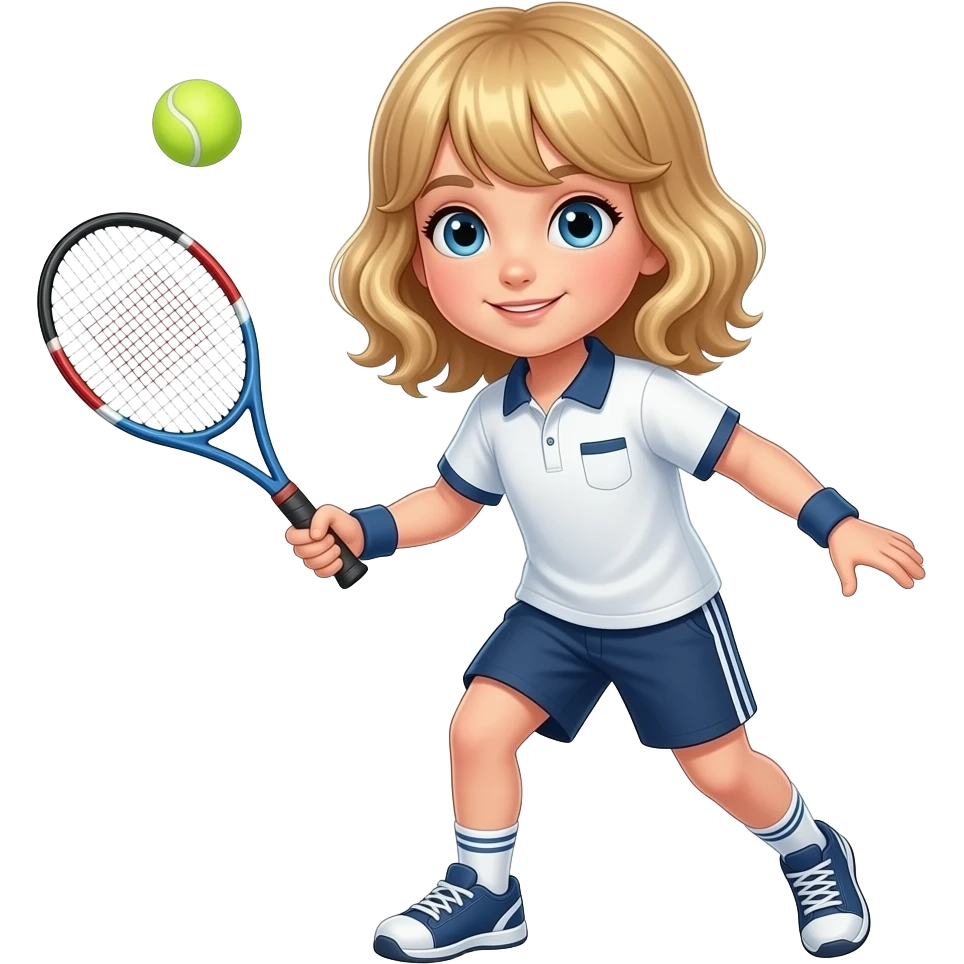 white kid blue eyes mid length with bangs soft curly hair to shoulders in color: middle to little darker blond,play tennis emoji