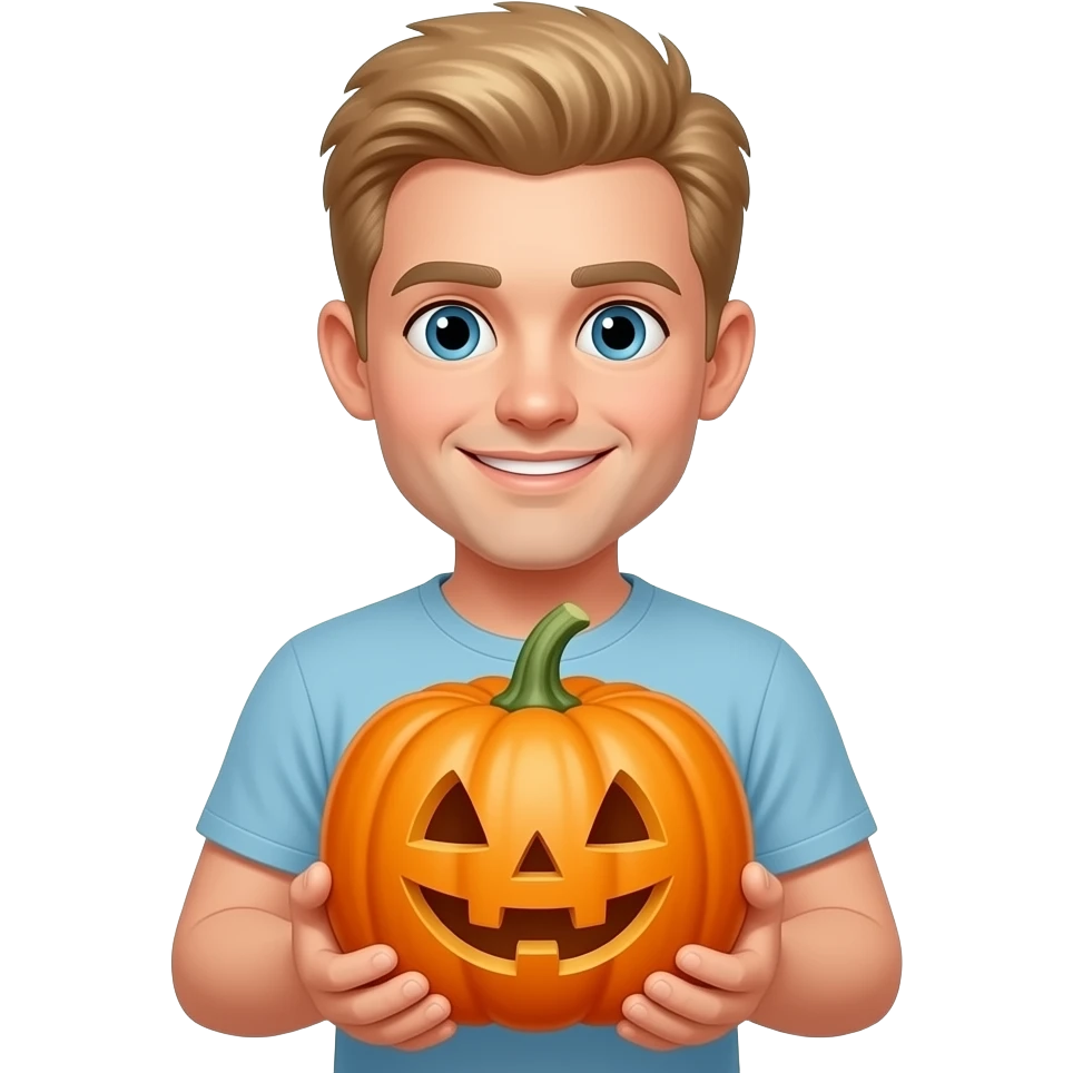 Short curly haired blonde man holding cute pumkin emoji
