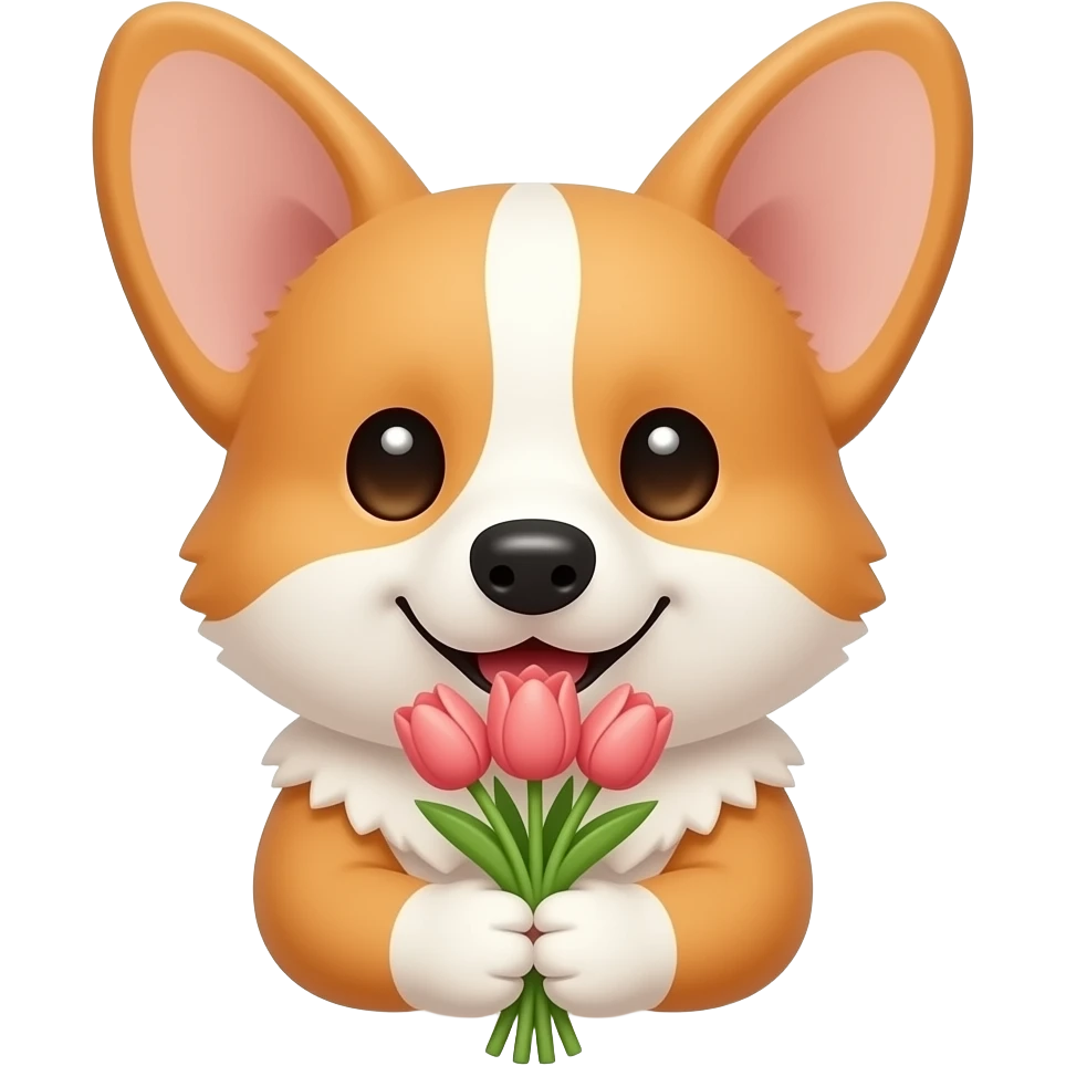 a bust shot of a cute corgi holding flowers emoji