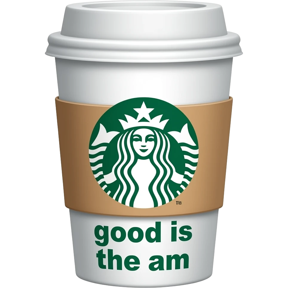 A cup of starbucks coffee with "good is the am" emoji