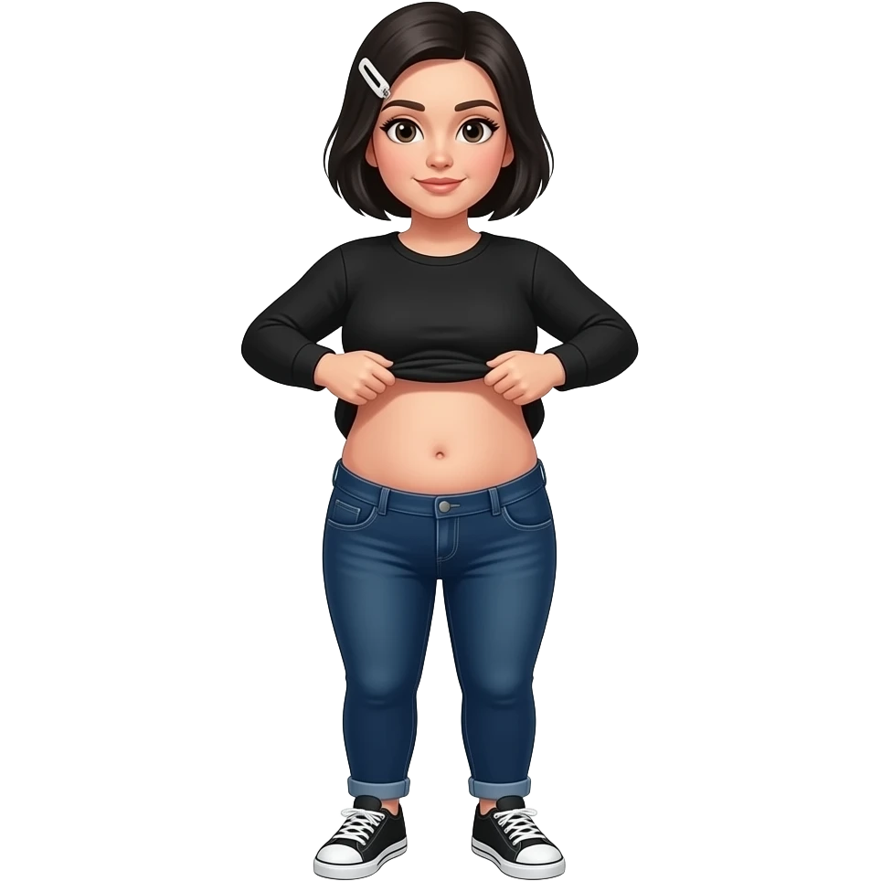 White woman with black short hair, white hair clip on the left of her hair, plain black long sleeve shirt, dark blue jeans, white and black sneakers, and a chubby body lifting her shirt to show her chubby belly emoji