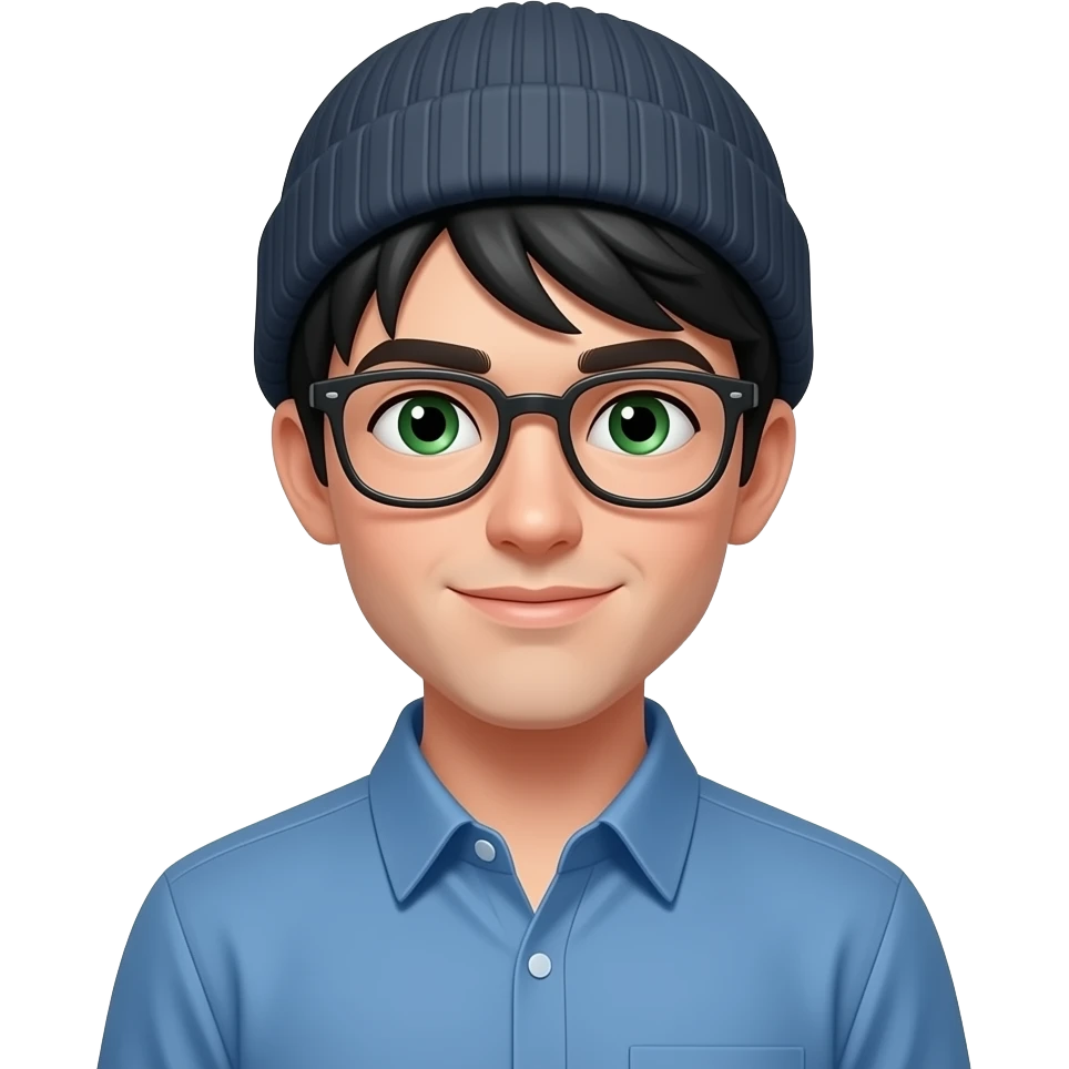 tall, early 20's, male, loose beanie, black hair, green eyes, glasses, attractive, blue shirt emoji