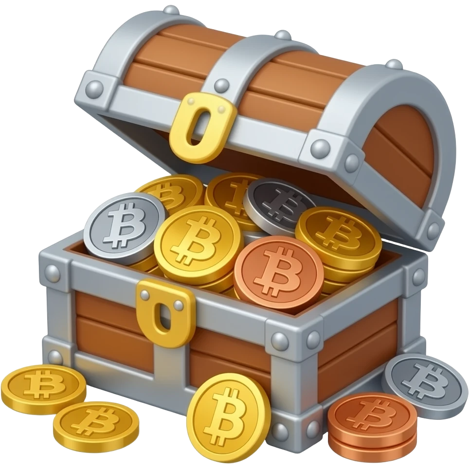 A  realistic, high definition, Treasure chest full of Gold, Silver, Bronze, and Dark Gray Titanium Bitcoins.  No coins outside. All coins inside. emoji