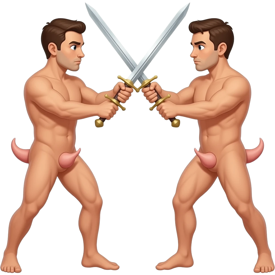 fully naked men sword fighting with their dicks emoji