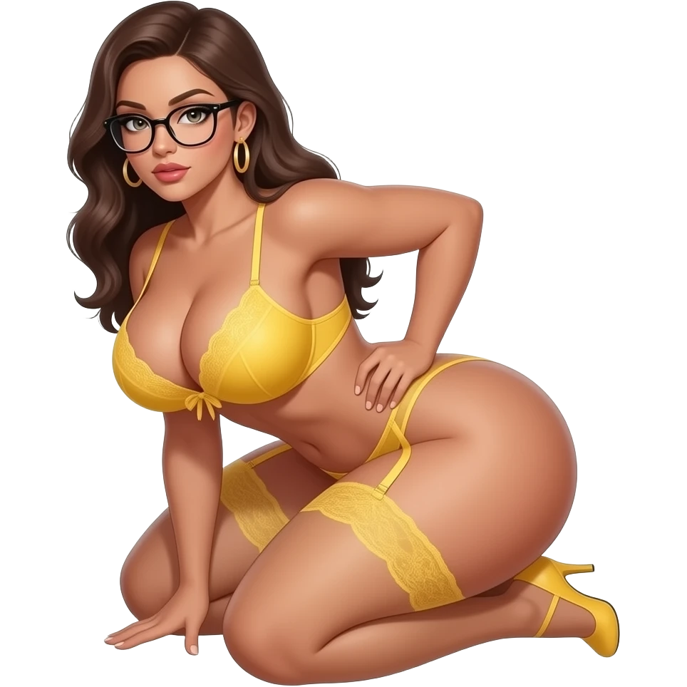 sexy, tan, nude, naked, any hair color, any eye color, glasses, big booty, big ass, PAWG, perfect body shape and figure, in a sexual pose, emphasizing on being a PAWG, huge breast with cleavage, big perfect ass, tiny waist, huge boobs and butt in a squatting pose about to ride with a yellow lingerie emoji