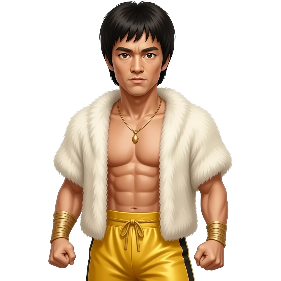 Bruce Lee with brown eyes, black hair, ivory fur shawl, yellow metallic baggy pants, shirtless with necklace emoji
