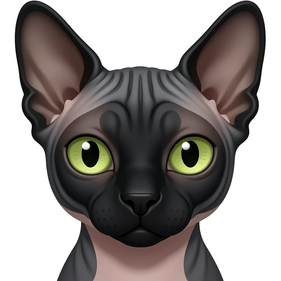 Face of Black sphynx cat with really dark black face and green eyes, no whiskers, freckles emoji