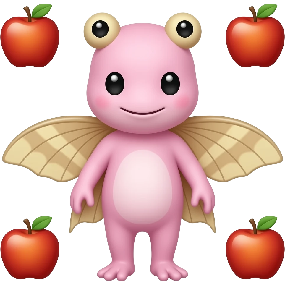 Make an axelotle with an frog moth from the apple (just take the moth not the color from the frog and place it as an moth to the axelotle, the axlelotle has two black dots as eyes) 🐸 and the axelotle is pink. AS APPLES EMOJIS emoji