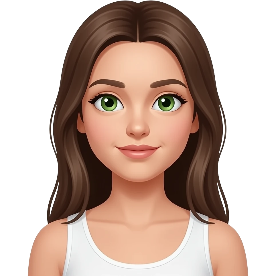 emogie style iphone jeune fille au cheveux lisse long et brun et aux yeux vert avec un débardeur blanc emoji