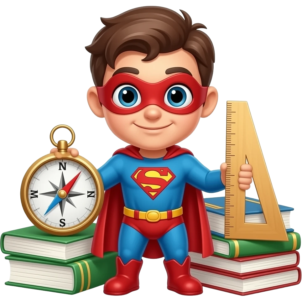 талисман школы  в образе супергероя с книгами и циркулем и линейкой emoji