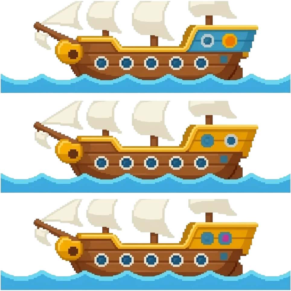A 16-bit pixel art sprite sheet of the Thousand Sunny ship from the anime One Piece, side profile view. Multiple horizontal frames showing a simple 3-frame sailing animation sequence of the ship bobbing up and down. emoji