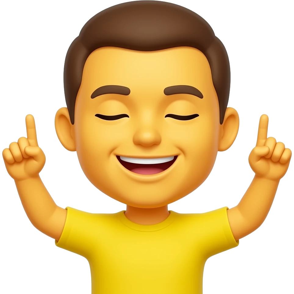 Emojis jaune rêveur avec les deux bras levés vers le ciel, les index pointés vers le haut, visage souriant les yeux fermés de joie,contours noirs épais, fond blanc, style autocollant, avec l’emoji de base que la tête et le bras  sans le corps avec l’emoji de base et sans le haut de corps que tete emoji