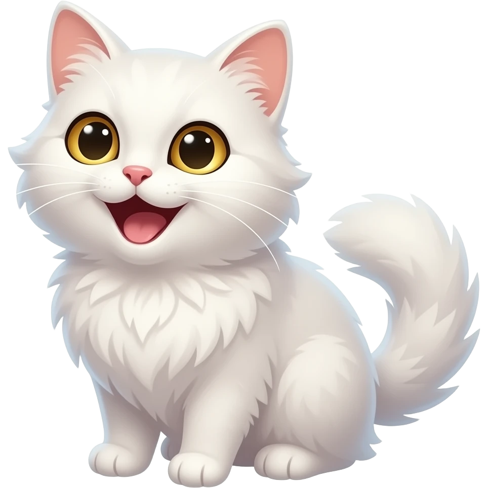 cute white cat with golden eyes, fluffy fur, polished chibi style, discord emote, twitch emote, transparent background, thick clean outline, soft shading, expressive face, high contrast, laughing emoji