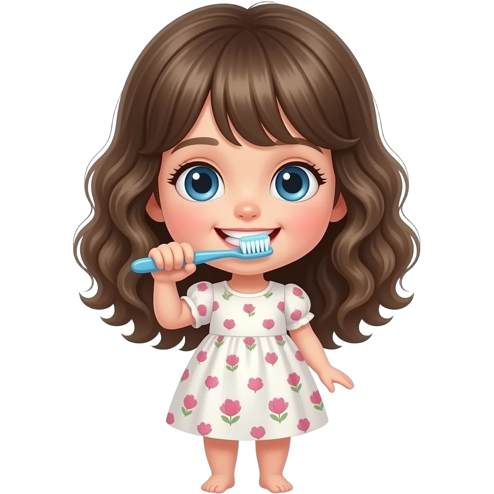 white kid blue eyes mid length with bangs soft curly hair to shoulders in color: middle to little darker blonde, in a dress, brushing her teeth emoji