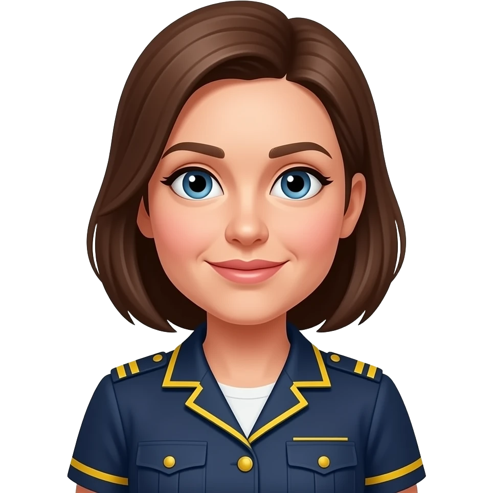 Navy Nurses yellow trim uniform without the hat, round face female, blue eyes, 40 years old, round face, shoulder length brown hair emoji