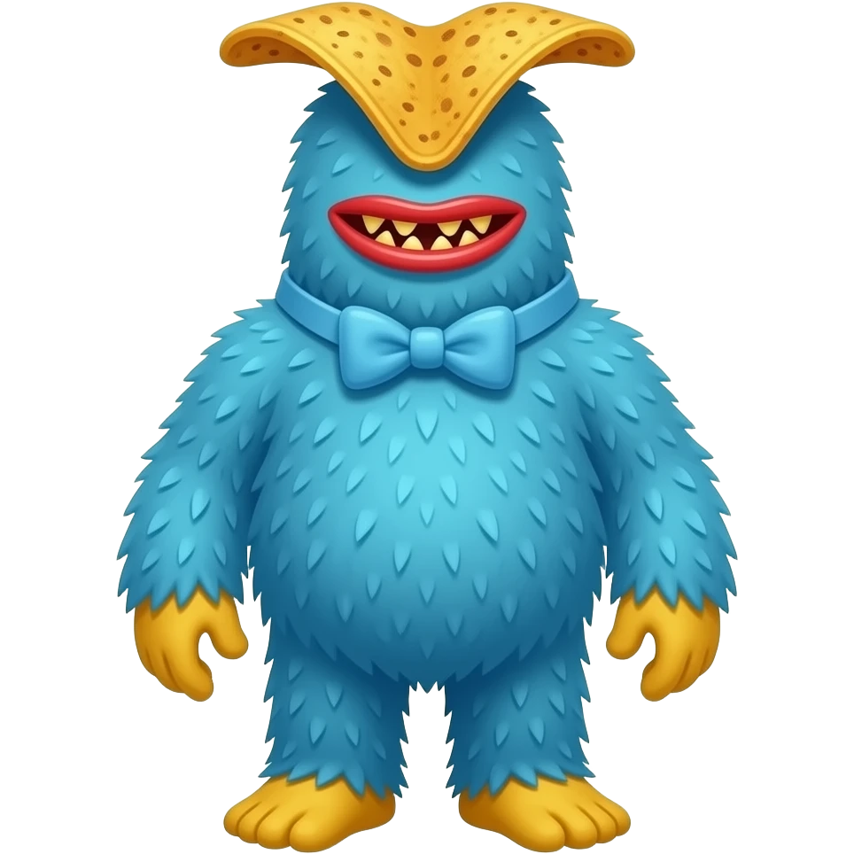A blue furry monster, his head is a upside down dorrito, that has red lips thats like a sausege, and razer sharp teeth with yellow feet and hands and he has no nose, nor ear, he has a light blue bowtie on his neck, and he has a short neck, he has no eyebrows, and he is tall emoji