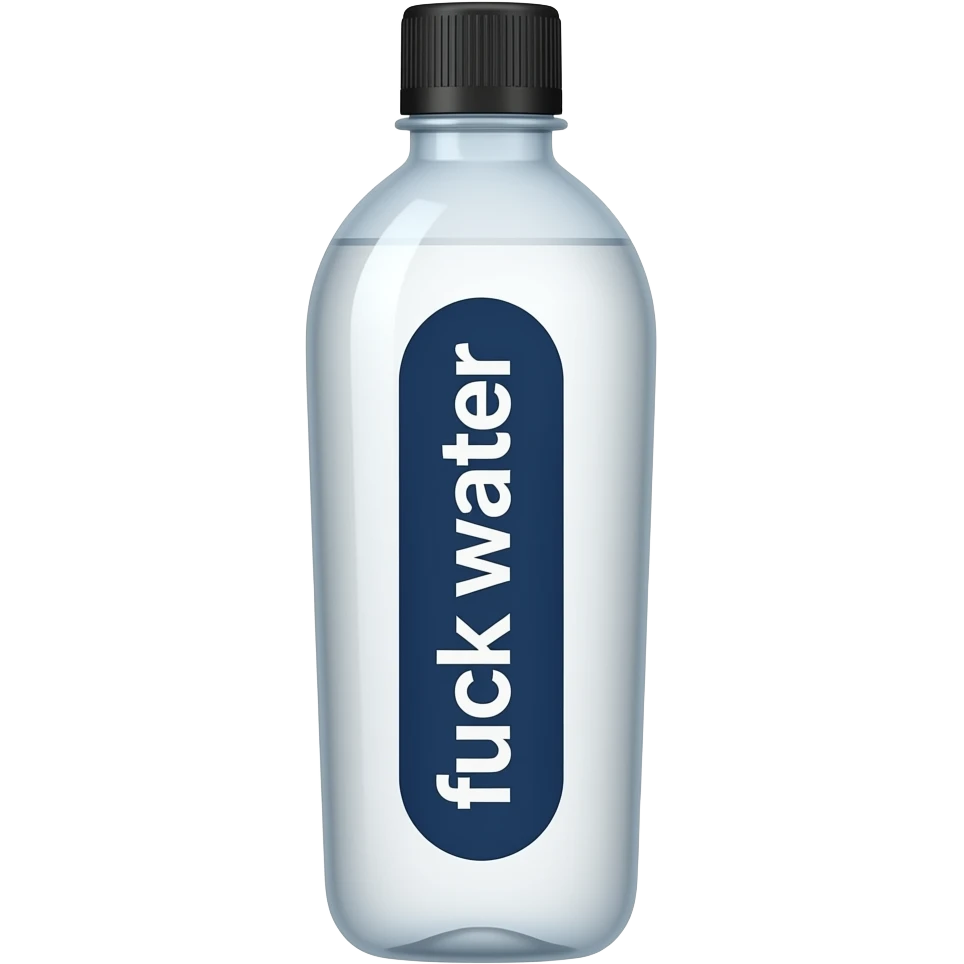 big long skinny bottle with a black cap with white liquid in it with a white and dark blue vertical label that says fuck water emoji