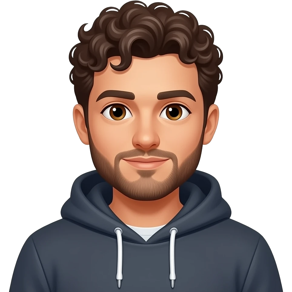 A business man in a hoodie with a short beard, curly hair, and brown eyes emoji