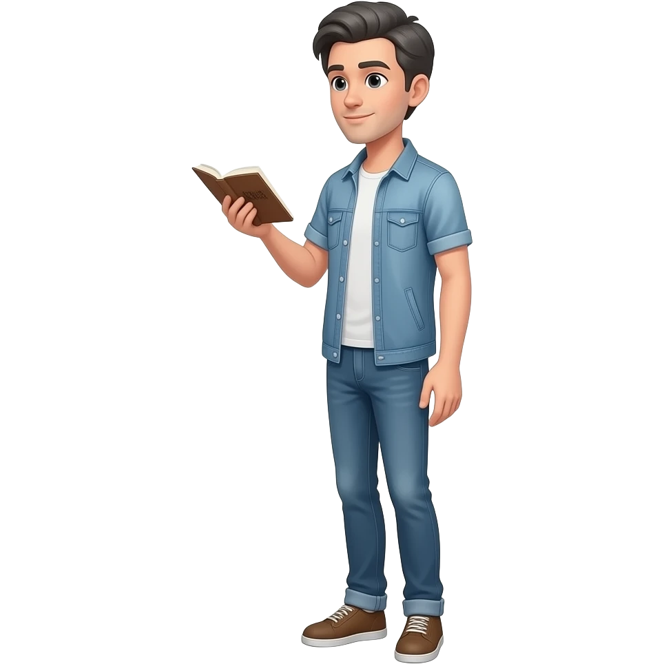 a tall skinny man with dark grey hair wearing casual outfit, writing poetry emoji