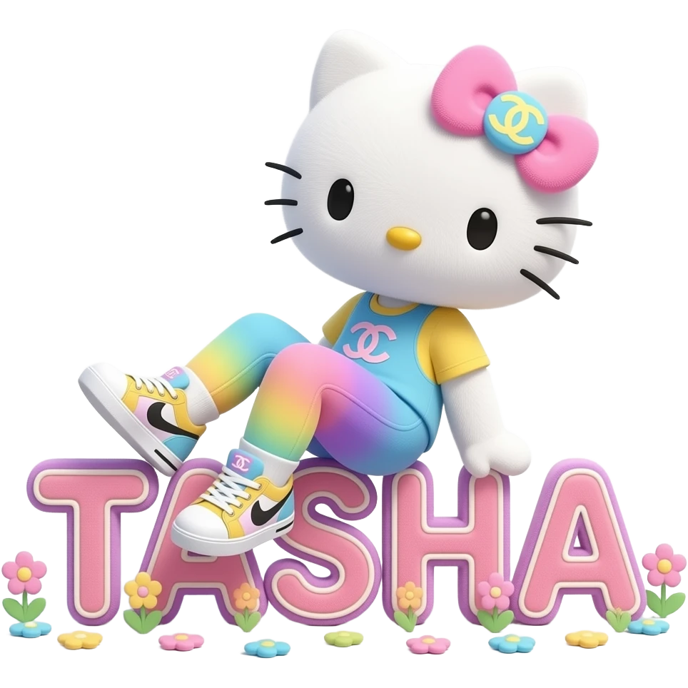 4D Velvety fur hello kitty wearing ombre white and blue and purp yellow ombre pastel colored leggings and sneakers, and with the Chanel symbol on her ombre pastel bow sitting sideways leaning back on top of the velvety 3D outlined letters TASHA surrounded with tiny ombre pastel flowers made of candy emoji