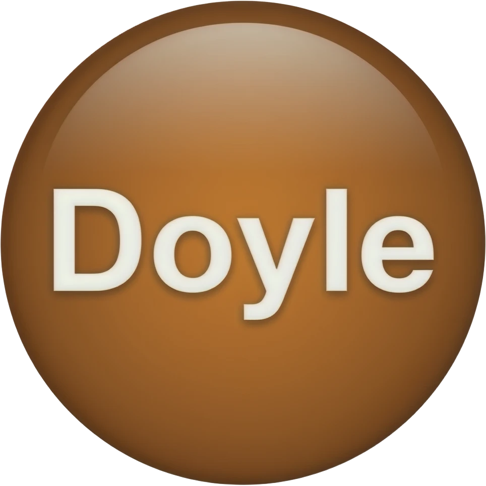 button that says "doyle" in white text glossy button circle with shine. brown color emoji