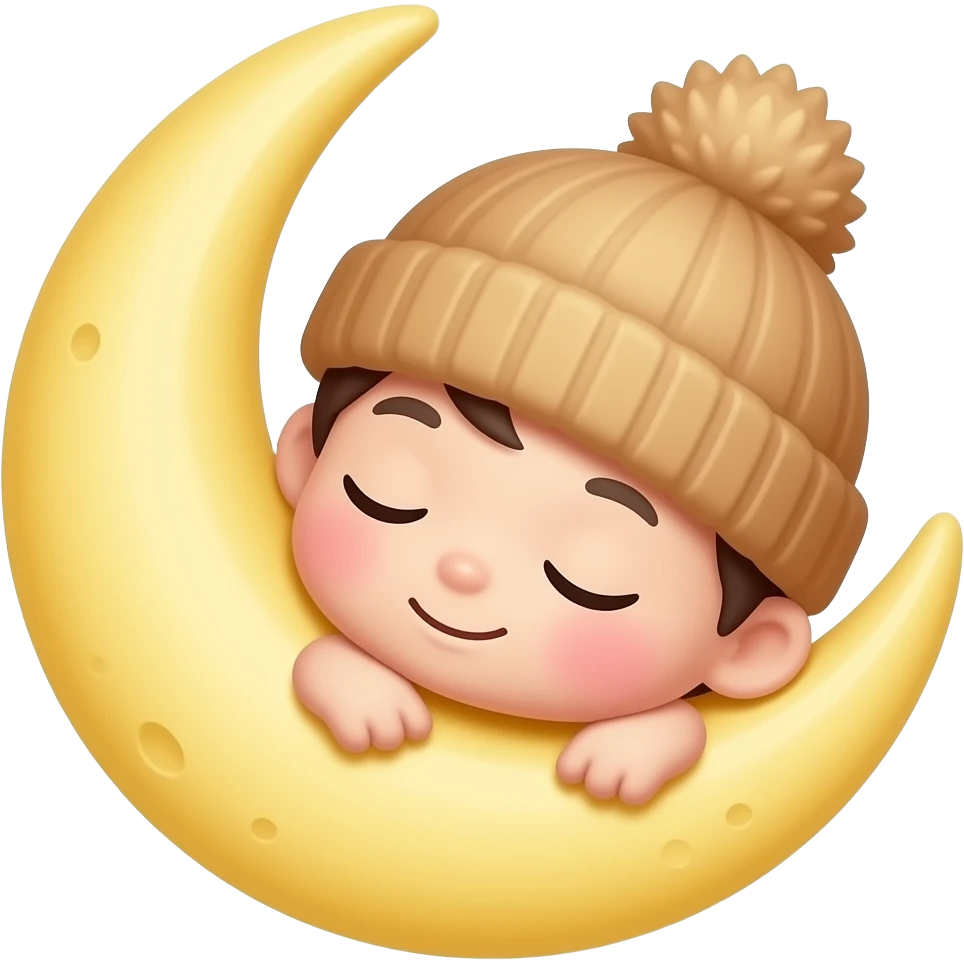 A cute Pixar-style 3D animated half moon with warm hat (crescent moon) sleeping with a small smile. professional studio quality, cinematic lighting, 8k resolution. emoji