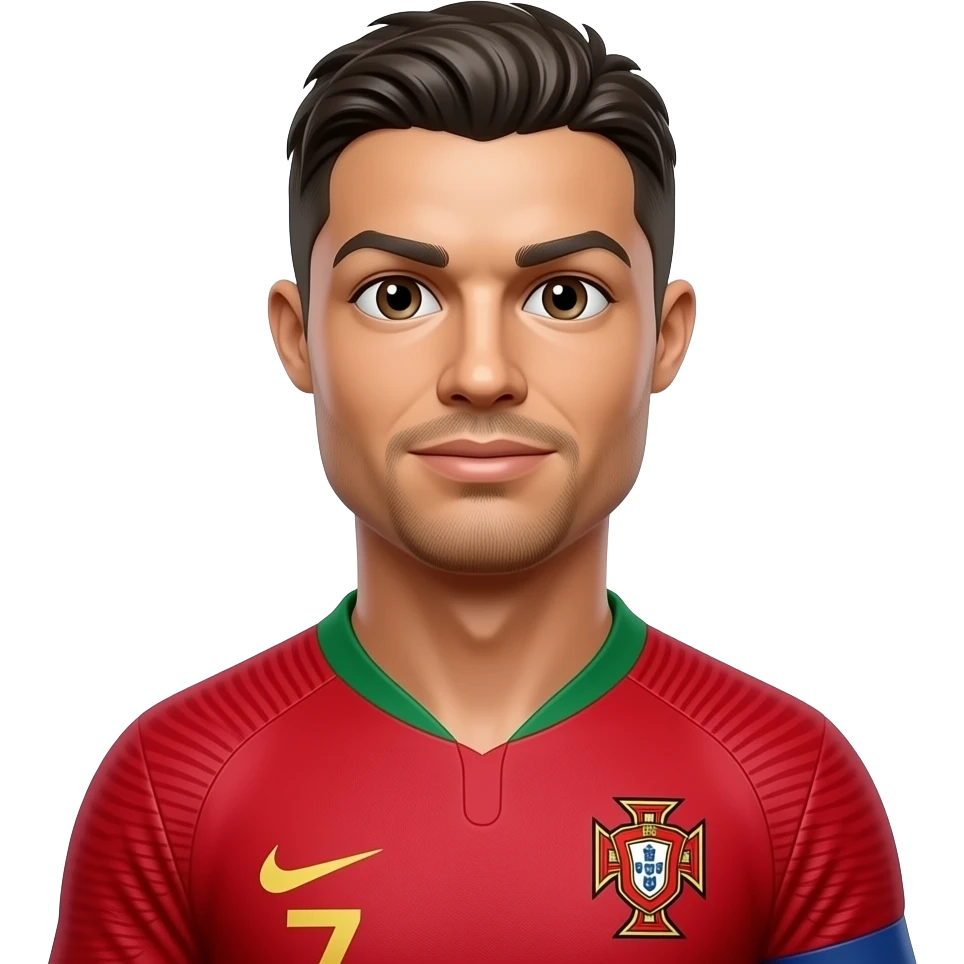 Ronaldo in red Portugal jersey, centered 3D emoji portrait, same hair and beard, 1 hidden 🎯 in jersey folds, glossy cartoon style, no text. emoji