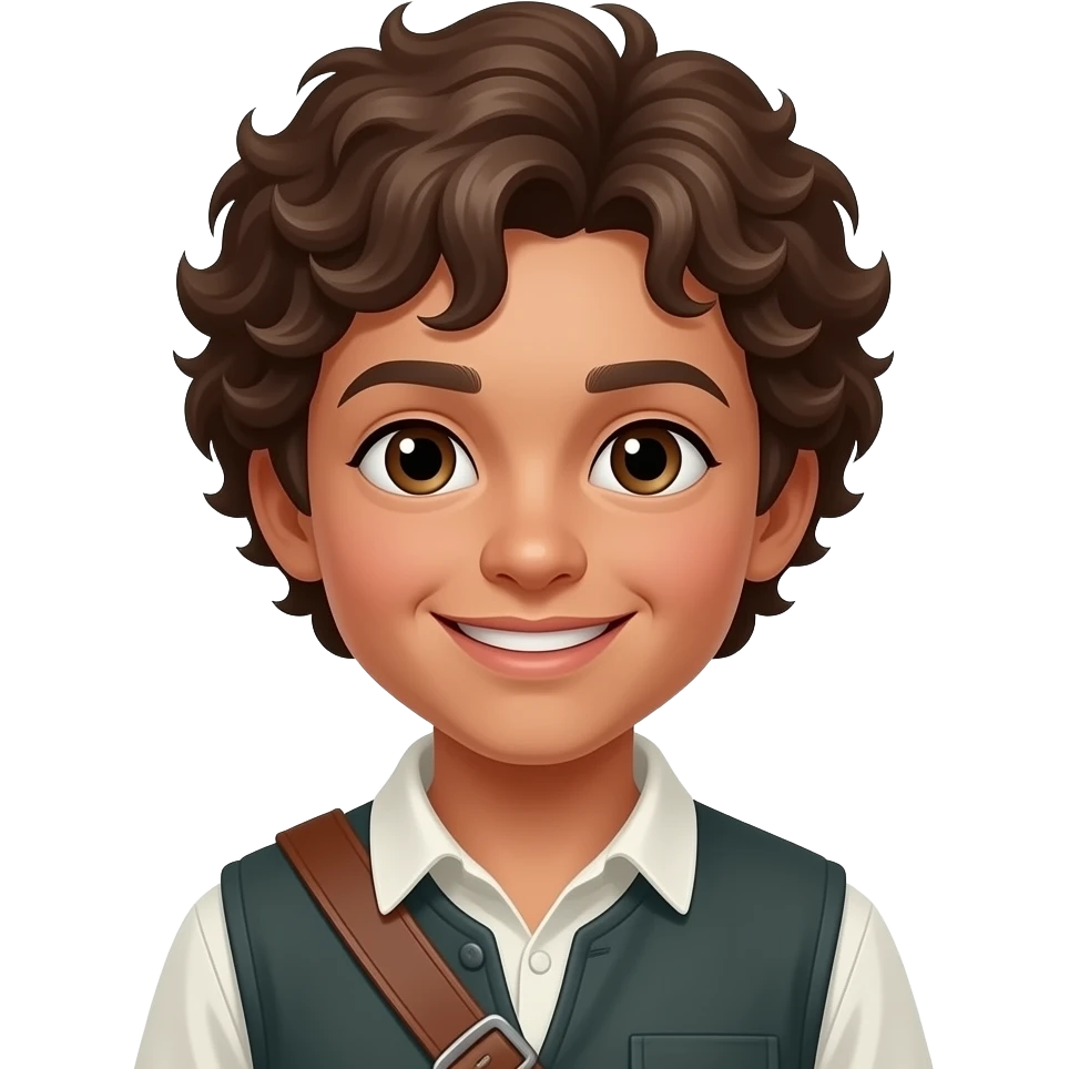 Boy with curly brown hair, lasses, tan coloured skin and a smile emoji