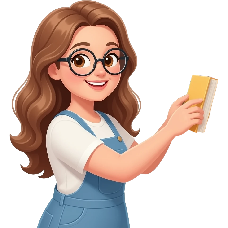 detailed emoji illustration of a curvy woman with long light brown wavy hair, light brown eyes and round glasses organizing books on a bookshelf, happy book lover vibe, cute emoji style emoji
