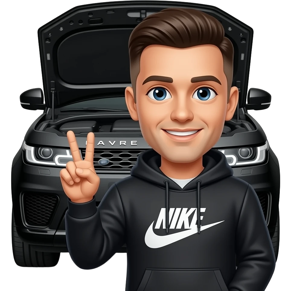 Black Range Rover svr hood open with driver holding peace sign and smiling with Albanian guy with buzz cut haircut and Nike tech hoodie up to his head emoji