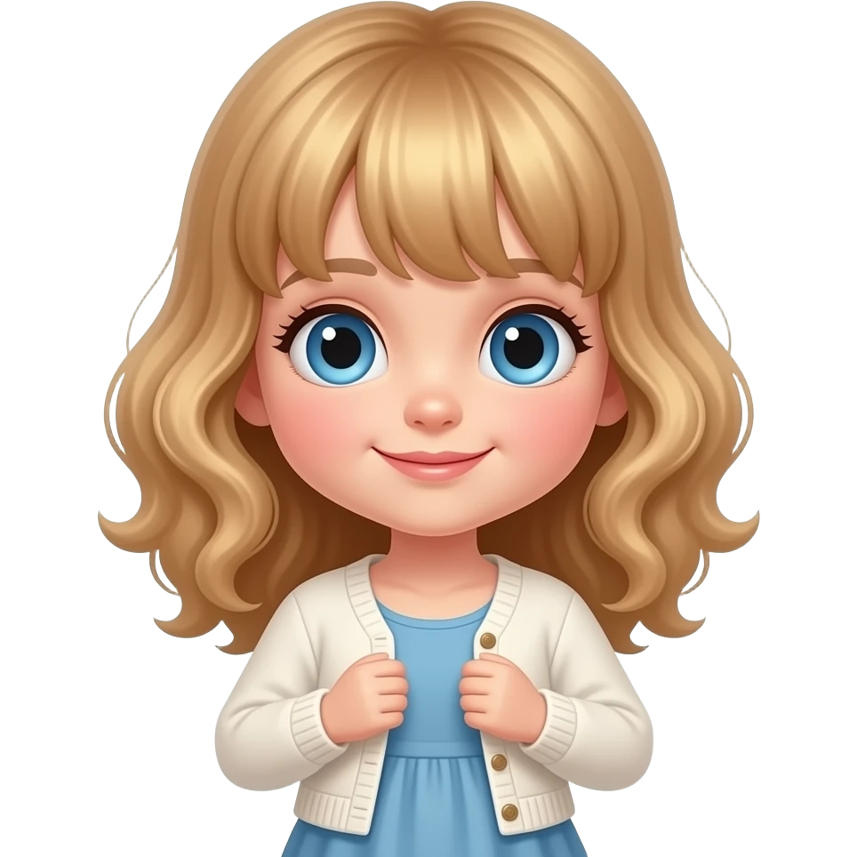 white kid blue eyes mid length with bangs soft curly hair to shoulders in color: middle to little darker blonde, in a dress, putting on cardigan emoji