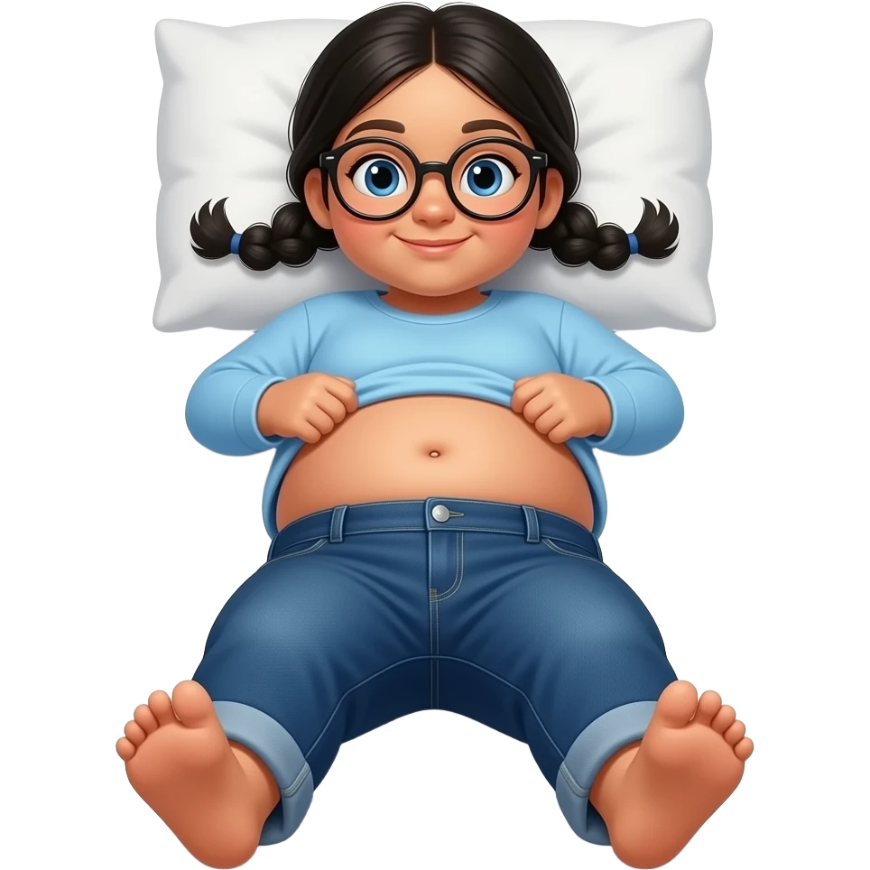 Obese Hispanic little girl with black pigtails and blue eyes rounded black glasses plain light blue long sleeve shirt and dark blue baggy jeans and belly button laying down on her pillow on her bed showing her feet lifting her shirt all the way up with fat belly button looking at her belly emoji