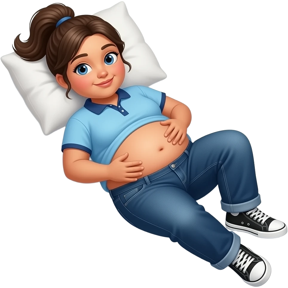 Obese Hispanic girl with brown ponytail and blue eyes light blue dark blue lined polo and dark blue baggy jeans and belly button and black and white sneakers laying down on the pillow in bed doing a belly roll with her tummy emoji
