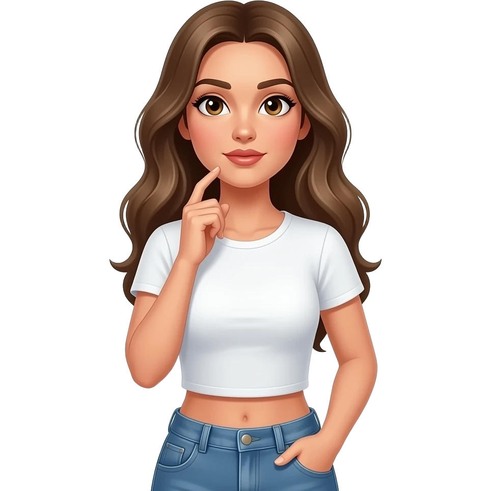 Woman thinking and looking up wearing white croped t shirt with jean pants. Brown eyes and dark blonde long hair. Very sexy and seducing eye look. emoji