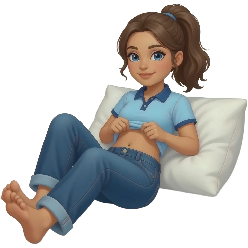 17 year old hispanic woman with brown ponytail and blue eyes light blue dark blue polo and dark blue baggy jeans and belly button lifting her shirt laying on her pillow in bed showing her feet emoji