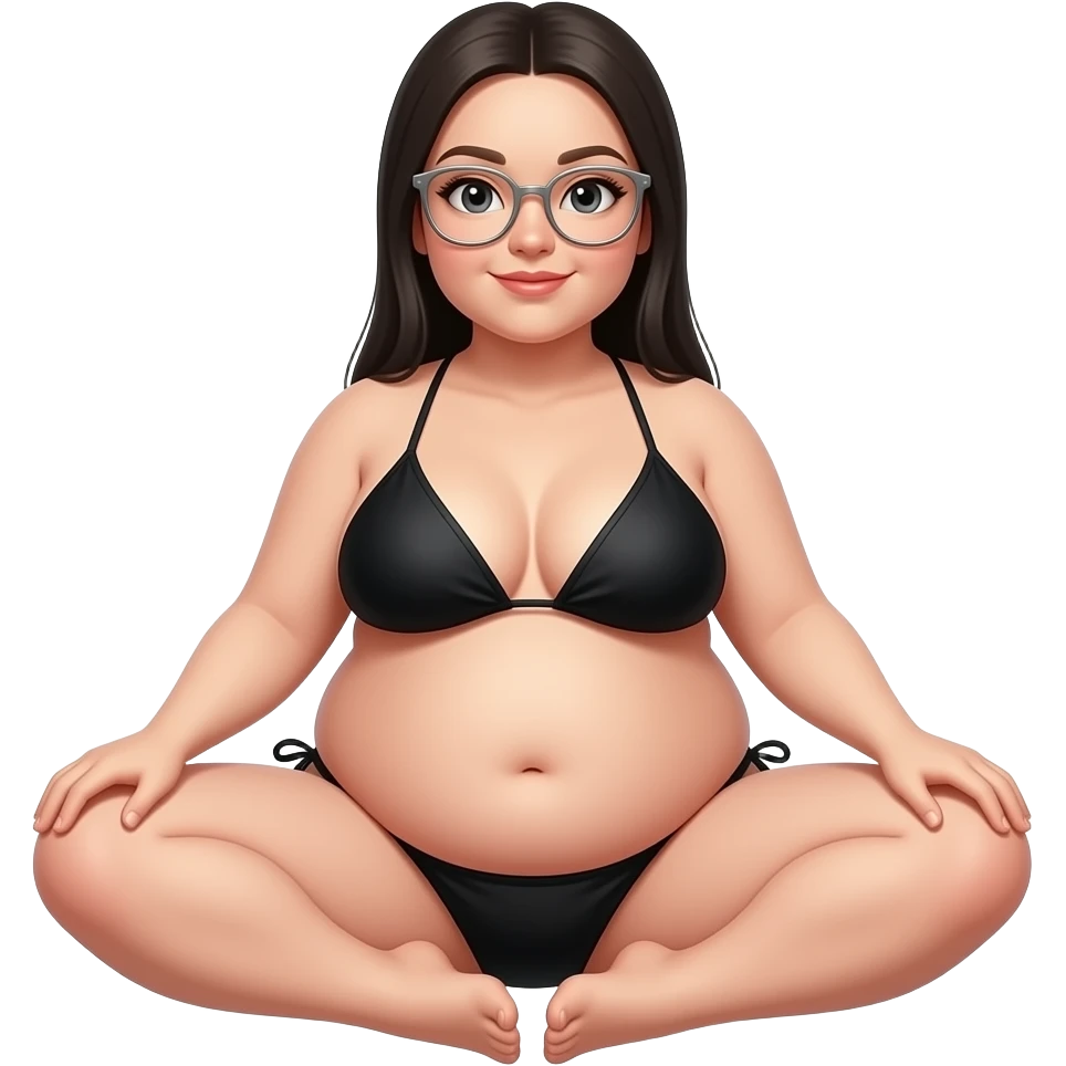 chubby woman with long stright black hair, silver  thin framed glasses, black bikini, with belly rolls sitting with legs spread knees up emoji
